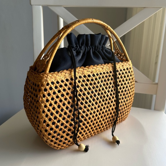 Handbags - *SOLD* Handmade Bali Bohemian Cottagecore Rattan Woven Top Handle Basket Bag Tan